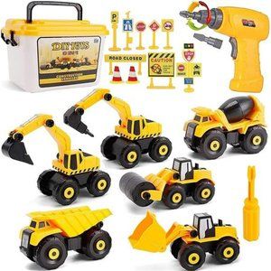 Construction Take Apart Toys with Electric Drill, Building Excavator Toy Trucks